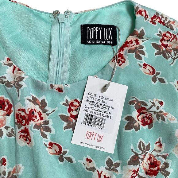 Womens Poppy Lux Dress Size 6 Fit And Flare Mint Green Floral - Picture 3 of 8